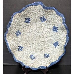 Artist Signed Studio Art Pottery Fruit/Display Bowl Blue/Cream Heavy Texture 14"